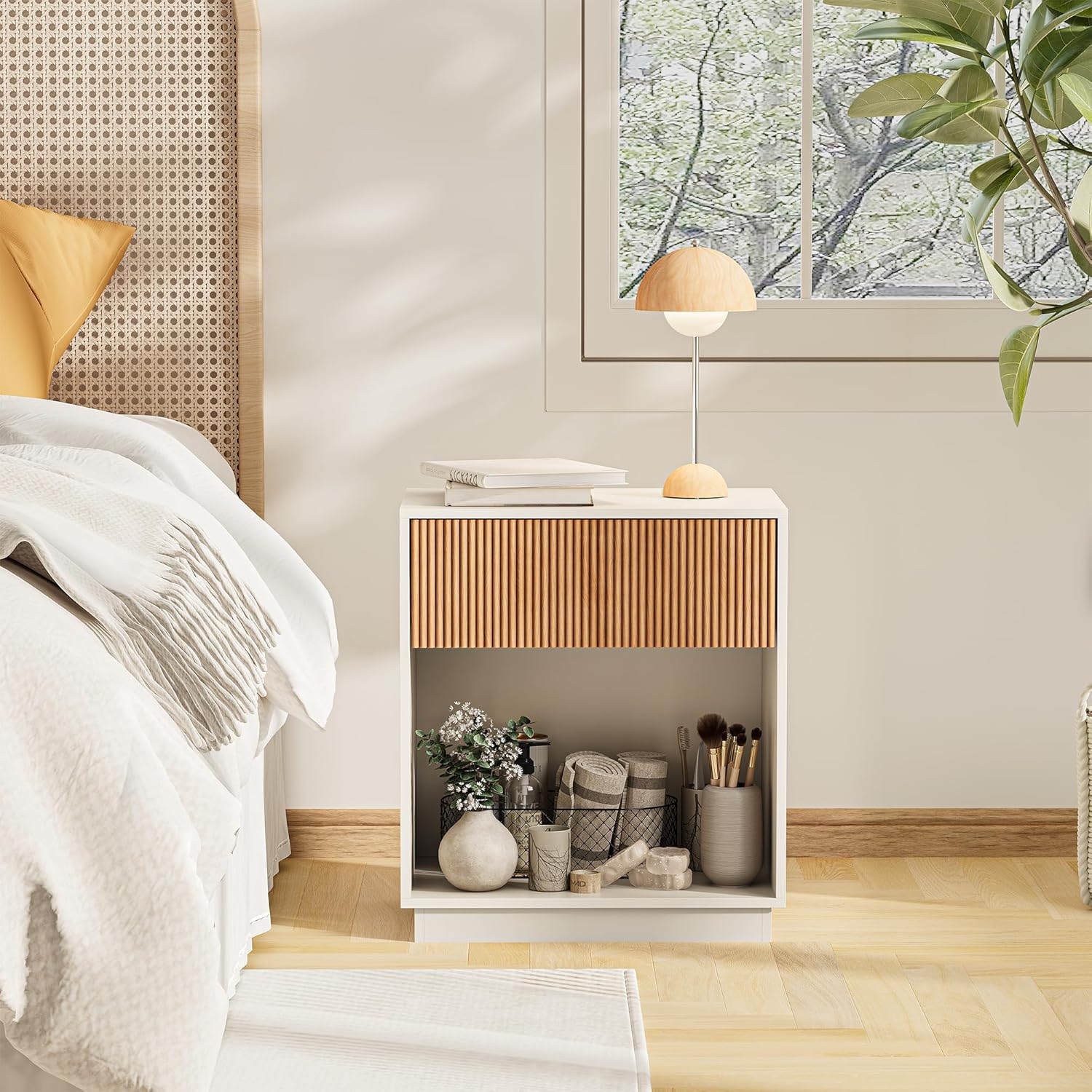 Fluted Nightstands Set of 2, Modern Bedside Table with Drawer and Storage Shelf, Wood End Table Mid Century Night Stands for Bedroom Living Room Sofa Couch Office (White+Oak)