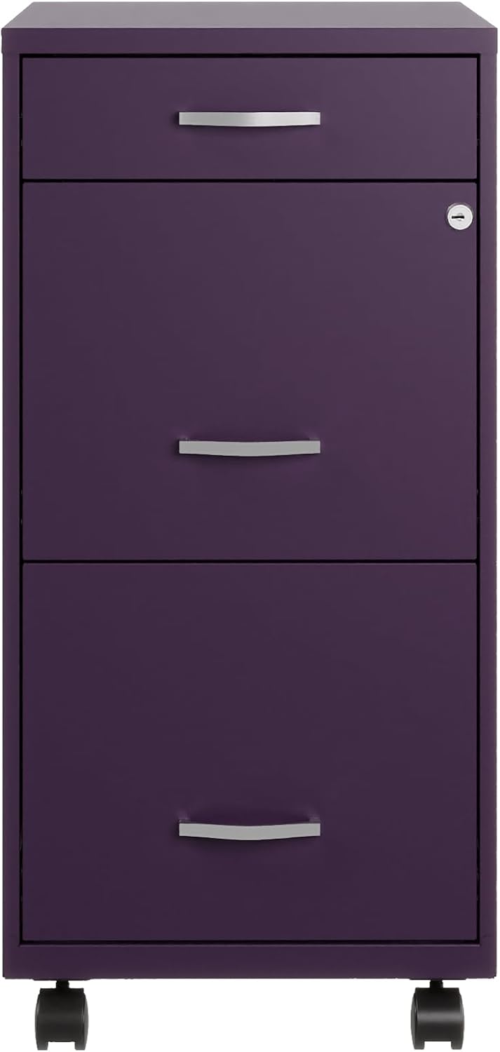 Hirsh Space Solutions 18" Deep Modern Mobile Metal Organizer File Cabinet with Cam Lock & Casters, 3-Drawer, Letter-Size, for Small Home/Home Office in Midnight Purple