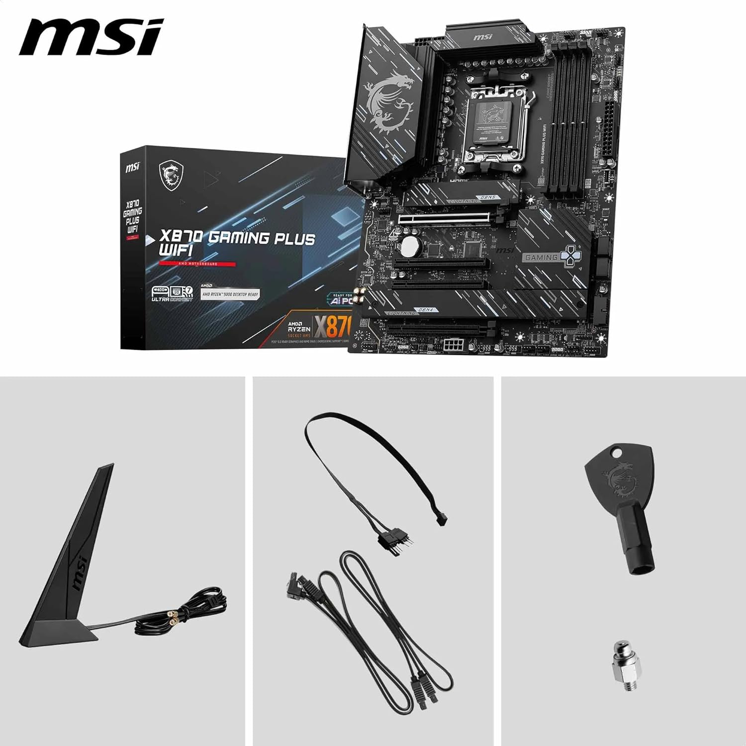MSI X870 Gaming Plus WiFi V1 Motherboard, ATX-Supports AMD Ryzen 9000/8000/7000 Processors, AM5-60A SPS VRM, DDR5 Memory Boost 8200+ MT/s (OC), PCIe 5.0 x16 & 4.0 x16, M.2 Gen5, Wi-Fi 7, 5G LAN