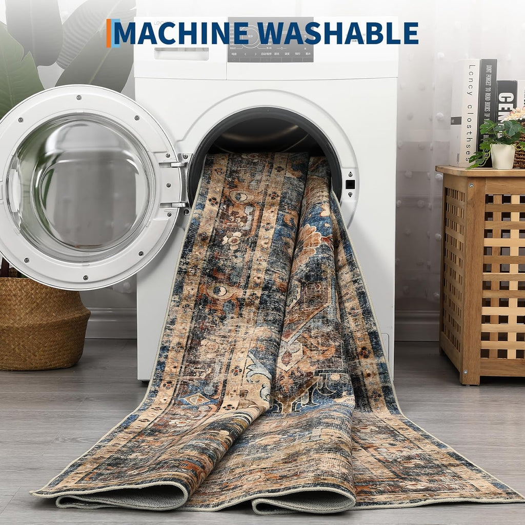 GarveeHome 8x10 Washable Vintage Living Room Area Rug: Vintage Machine Washable Area Rug for Living Room Indoor Large Non-Slip Bedroom Carpet Low Pile Stain Resistant Dining Room Carpet Blue&Brown