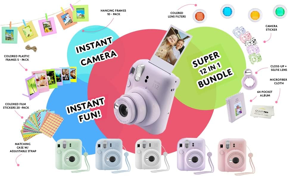 Fujifilm Instax Mini 12 Instant Camera + 60 Photo Prints + Accessories, Lilac Purple