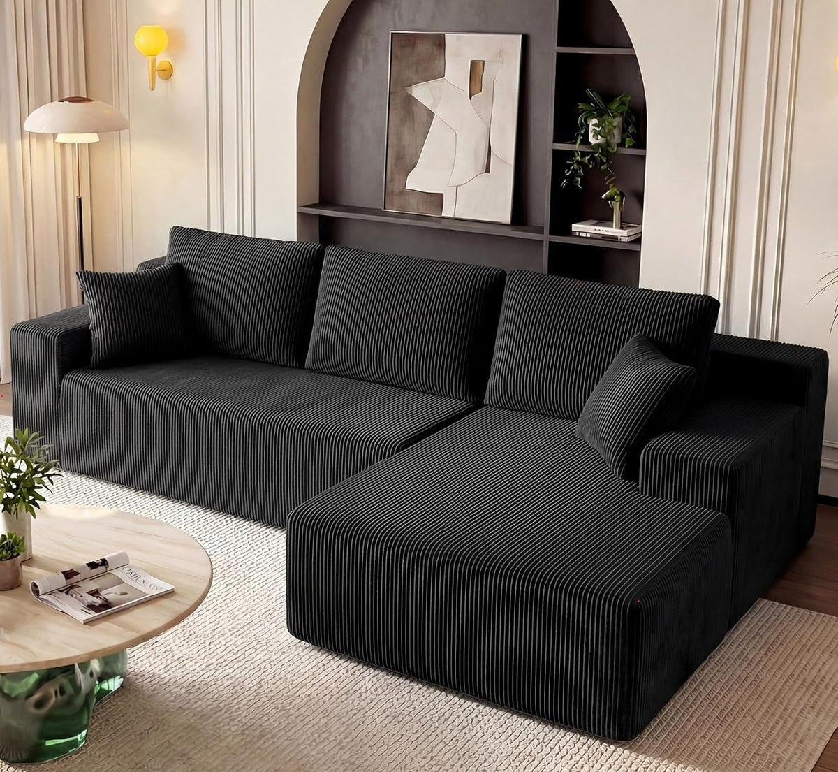 GRUSIGN Cloud Sectional Boneless Couches for Living Room, Modular L Shaped Couch with Deep Seat Oversized Right Facing Chaise, Memory Foam Compressed Spineless 3 Seater Sofa for Apartment, Black