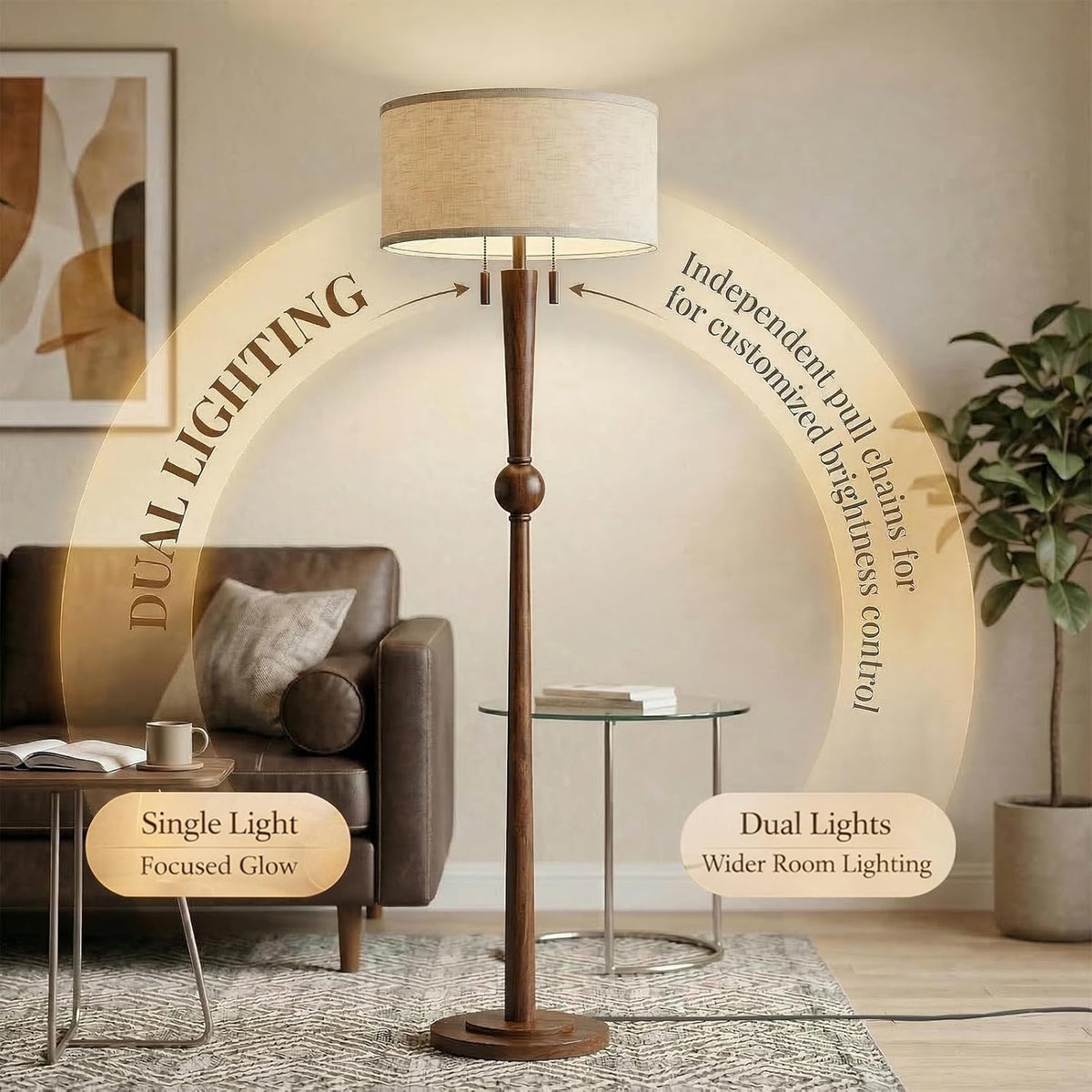MOFFE 62.8" Solid Wood Floor Lamp,Tall Standing Floor Lamp with 2-Light Pull Chain, 17" Linen Drum Shade, Sculptural Wood Base & Stem,Transitional Floor Lamp for Living Room Bedroom, Includes 2 Bulbs