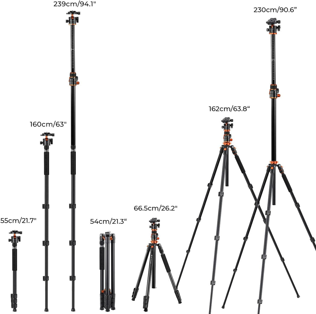 K&F CONCEPT 90''/230cm Ultra High Camera Tripod,Horizontal Overhead Shooting Flexible Travel Tripods with Metal Ball Head 10KG Load Capacity, Detachable Monopod, for Indoor and Outdoor T254A7+BH-28L