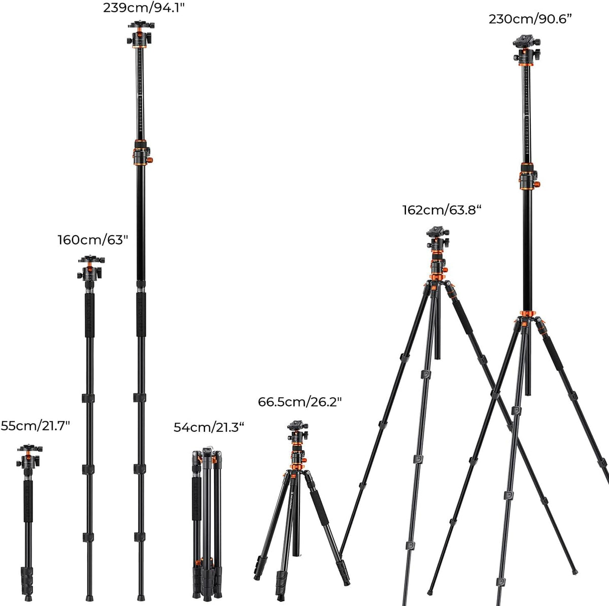 K&F CONCEPT 90''/230cm Ultra High Camera Tripod,Horizontal Overhead Shooting Flexible Travel Tripods with Metal Ball Head 10KG Load Capacity, Detachable Monopod, for Indoor and Outdoor T254A7+BH-28L