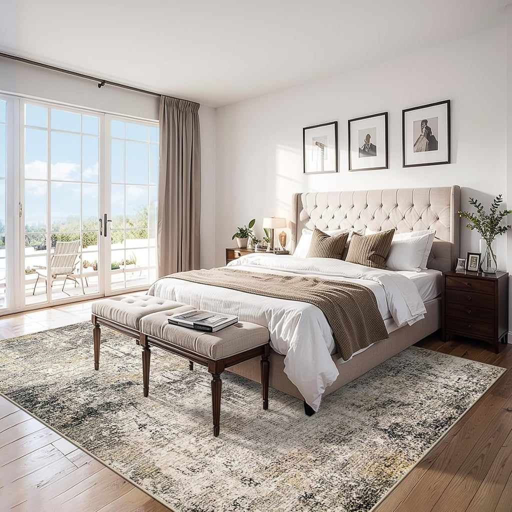 Area Rugs 9x12 Living Room - Washable Rug Modern Abstract Soft Large Neutral Non-Slip Carpet Indoor Floor Thin Carpets for Bedroom Dining Room Farmhouse Nursery Home Office Brown Black Grey