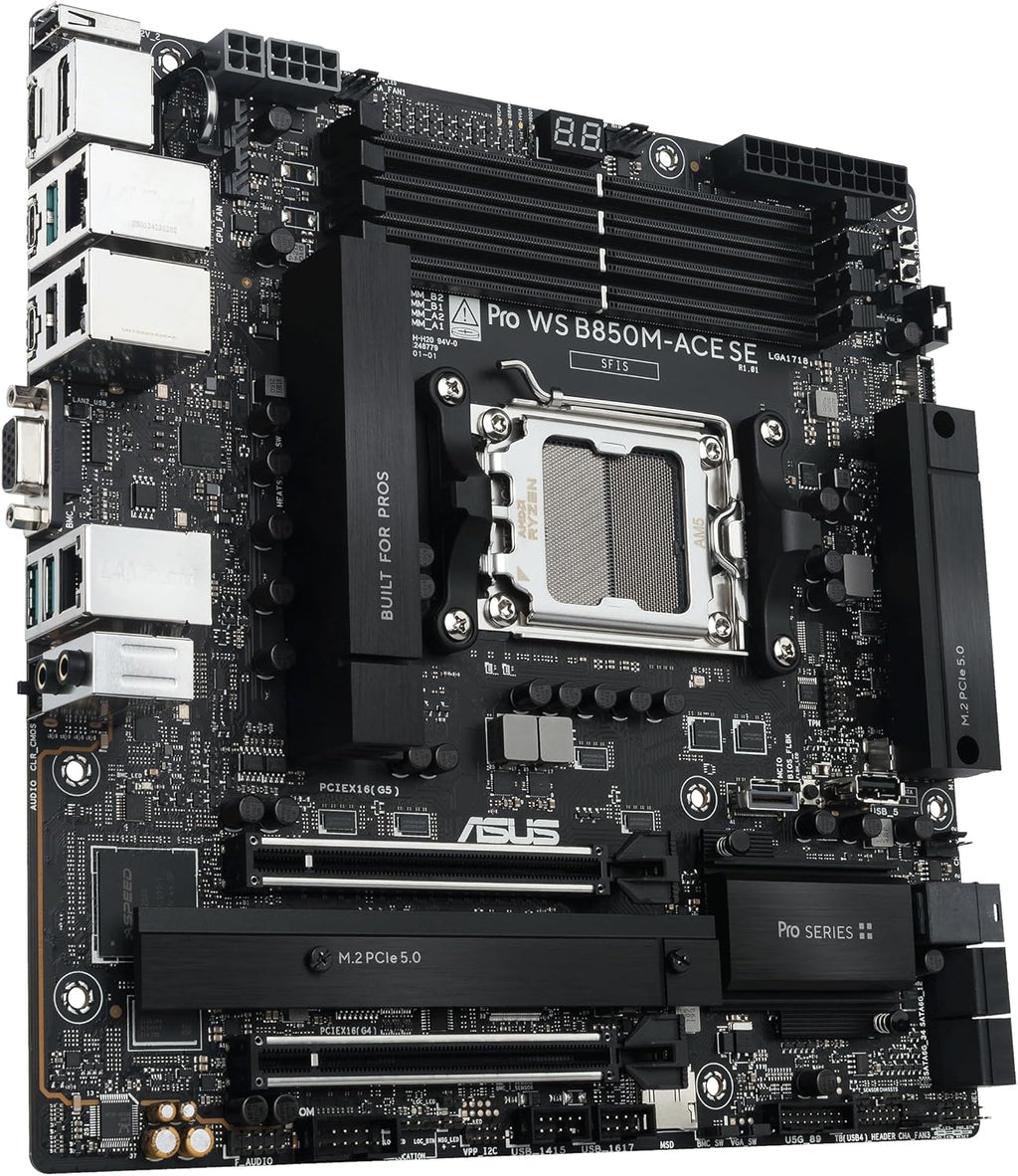 ASUS Pro WS B850M-ACE SE AMD AM5 B850 mATX MicroATX Business motherboard, PCIe 5.0 x 16, DDR5, 2x PCIe 5.0 M.2, PCIe 5.0 MCIO, U.2, 10G & 2.5G LAN, USB4®, ASUS Control Center Express Remote Management