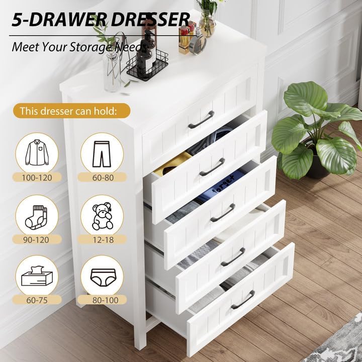Jocoevol 5 Drawer Dresser for Bedroom - Farmhouse 44.9" Tall Chest of Dresser with Large Storage, Rubst Wood Construction for Living Room, Hallway & Entryway - White