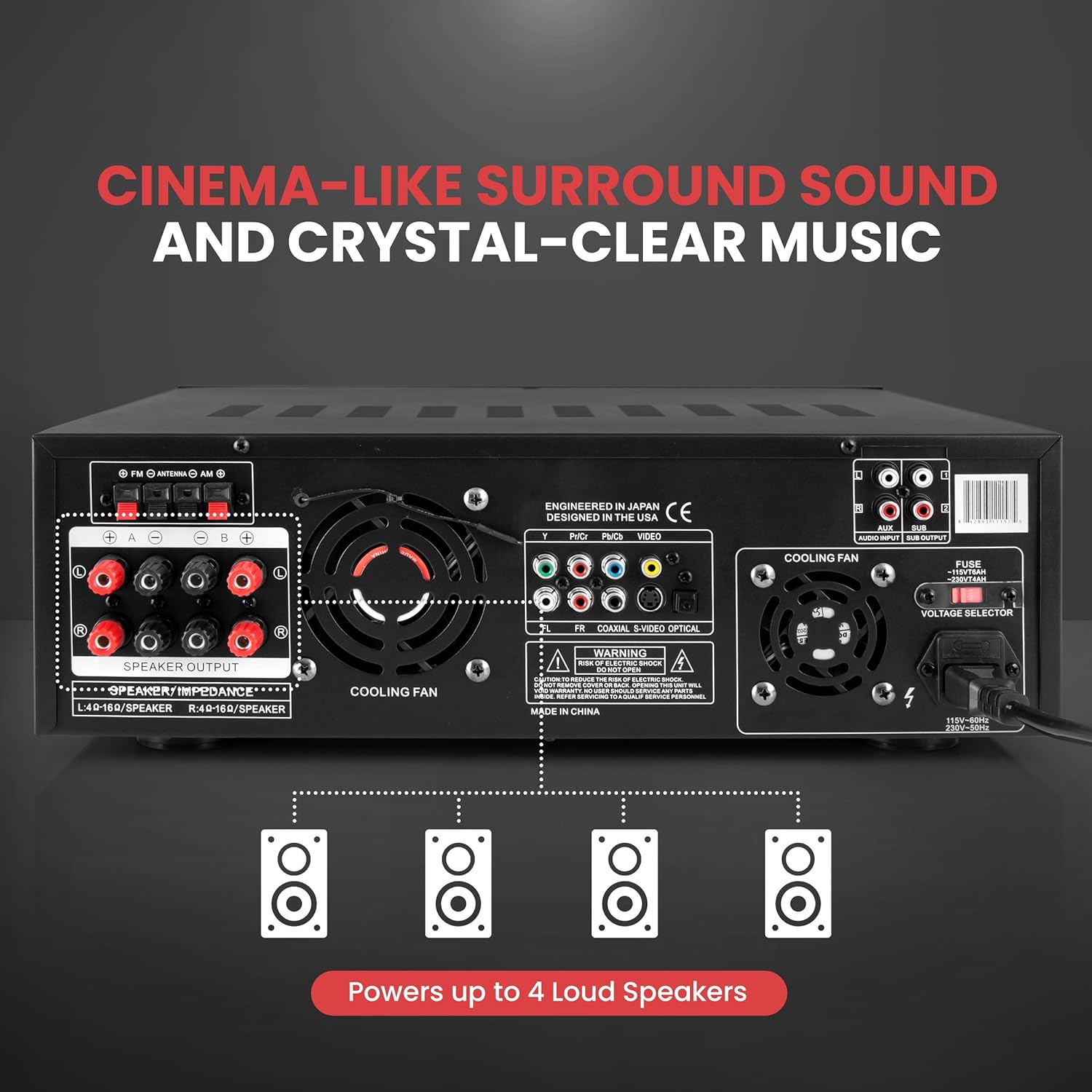 Pyle 4-Channel 1000W Power Amplifier with Bluetooth - Wireless Stereo Home Audio Receiver w/ Front Loading CD DVD Player, FM Radio, USB-A, Headphone, 2 Microphone w/ Echo, LED, Rack Mount - PD1000BA