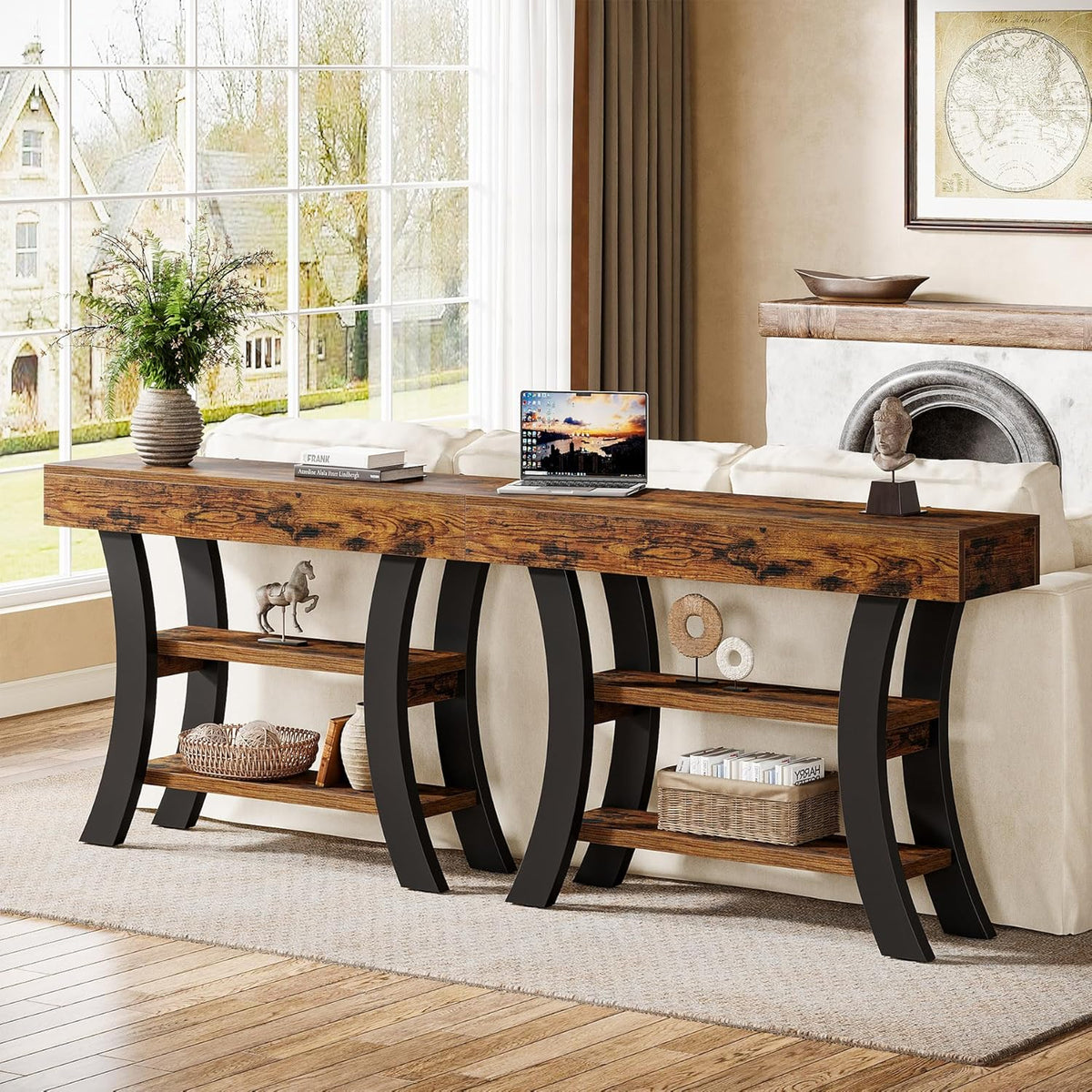 Tribesigns 41" Small Console Table for Entryway, 3-Tier Narrow Rustic Sofa Table with Storage Shelves and Curved Frame for Living Room, Entry, Hallway, Foyer, Rustic Brown