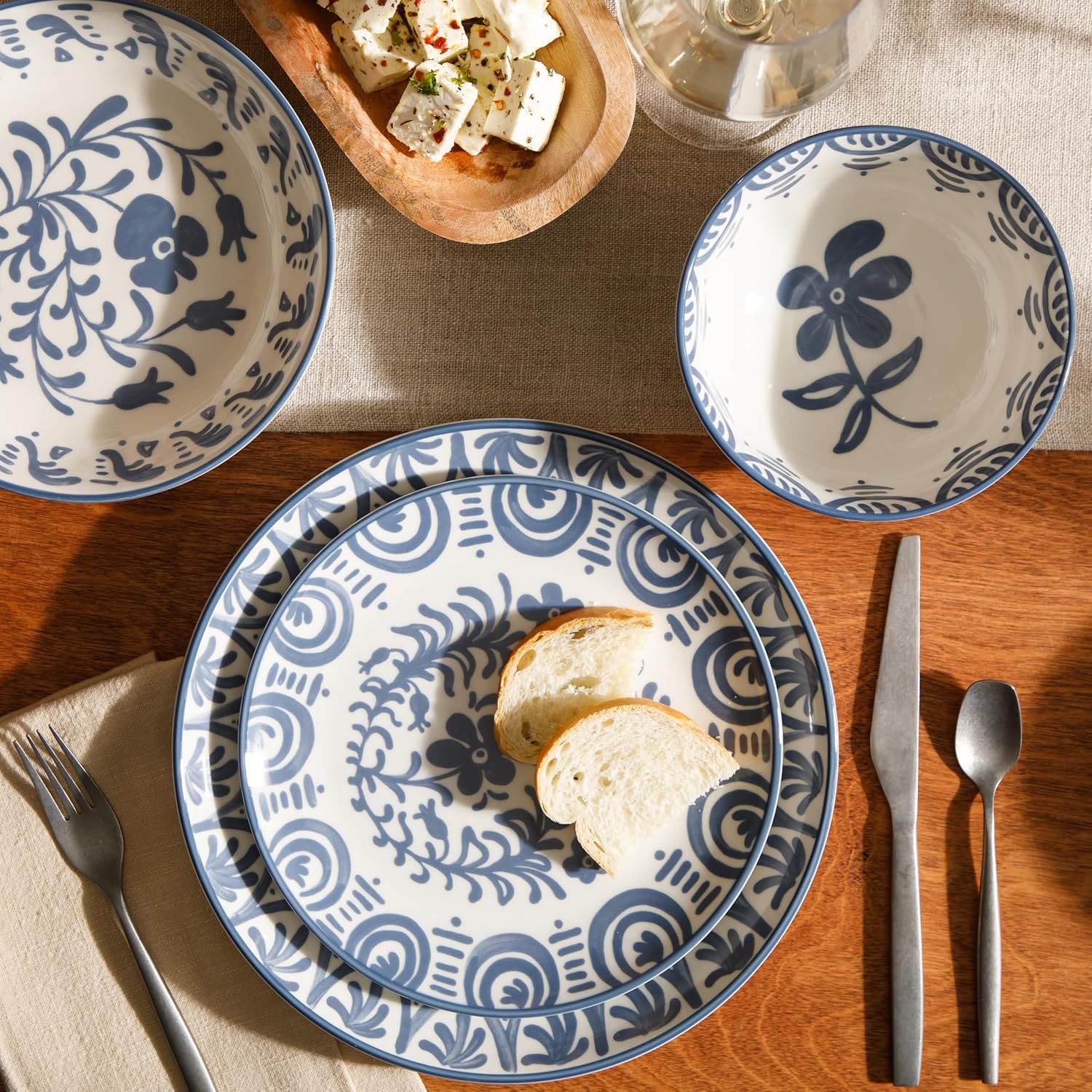 Bloomhouse - 2-Time Oprah's Favorite Things - Valencia Flor 16 Piece Dinnerware Set, Artisanal Decorated Stoneware Plates & Bowls, Service for 4, Microwave & Dishwasher Safe, Iris Blue