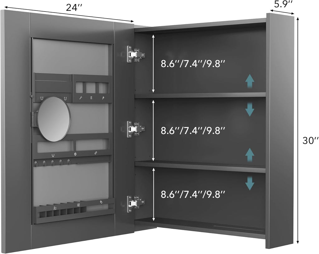 VANIRROR Bathroom Cabinet - Large Single Door 24x30 inchs Wall Cabinet Mirror Medicine Cabinet with Facial Tissues Slot and Multifunctional Storage Area