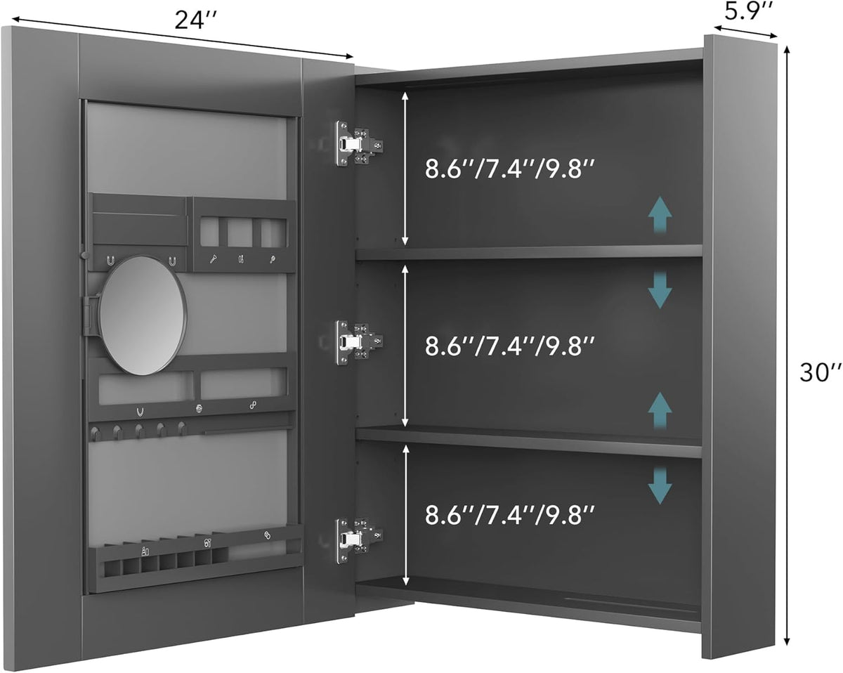 VANIRROR Bathroom Cabinet - Large Single Door 24x30 inchs Wall Cabinet Mirror Medicine Cabinet with Facial Tissues Slot and Multifunctional Storage Area