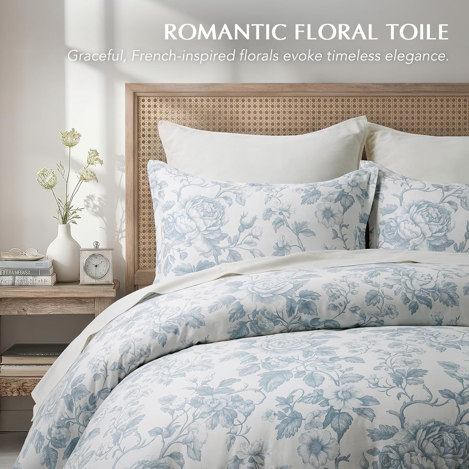 EverGrace 100% Cotton Sateen Duvet Cover Set Queen Size, 3 Piece Floral Toile Bedding Set, Pre-Washed Soft & Breathable, Button Closure with 2 Pillow Shams, Blue Linen, 90"x92"