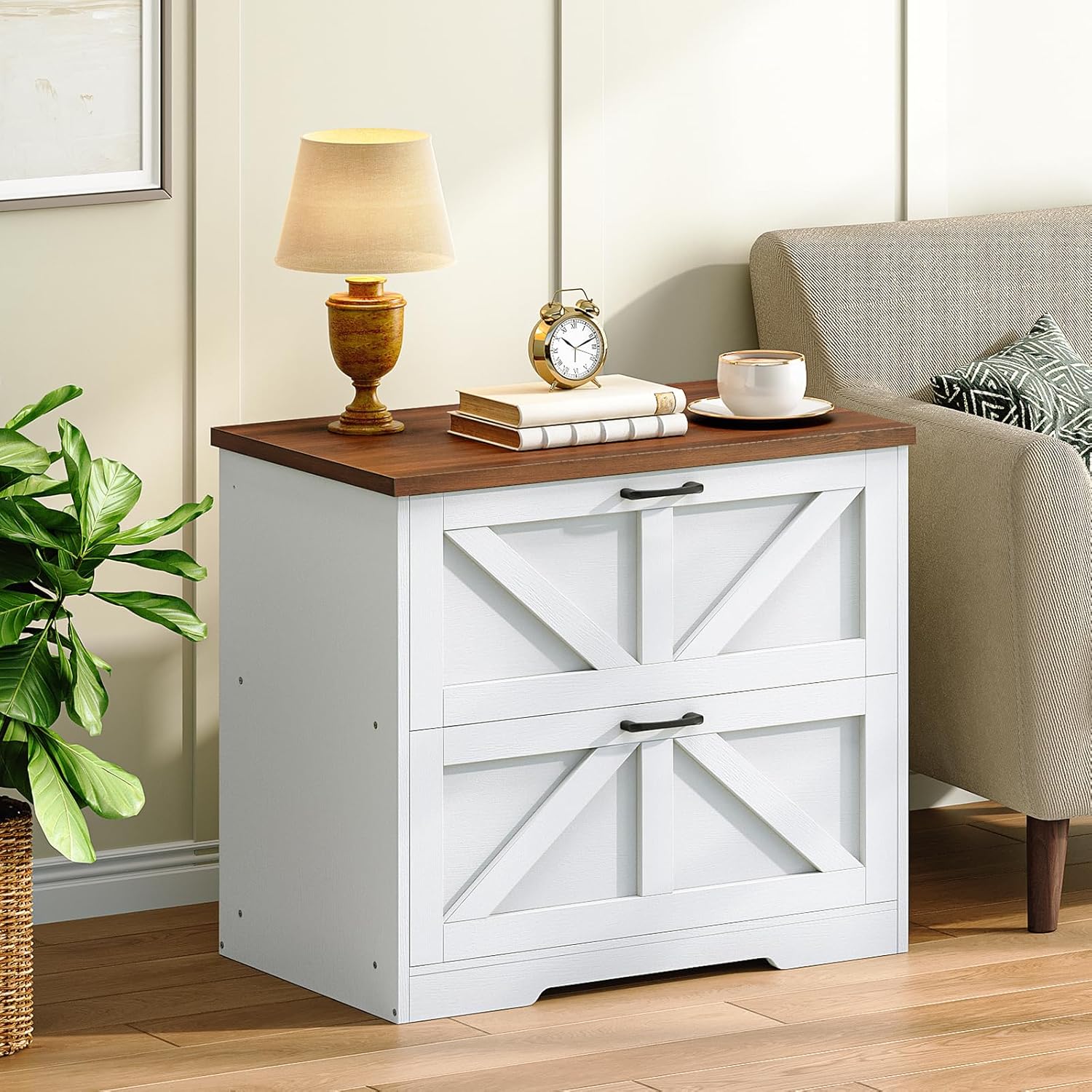 HOOBRO 2 Drawer File Cabinet, Farmhouse Lateral Filing Cabinet for Letter/A4/Legal Size, Large Wooden Office Storage Cabinet, Printer Stand for Home Office, White and Walnut WH48WJ01