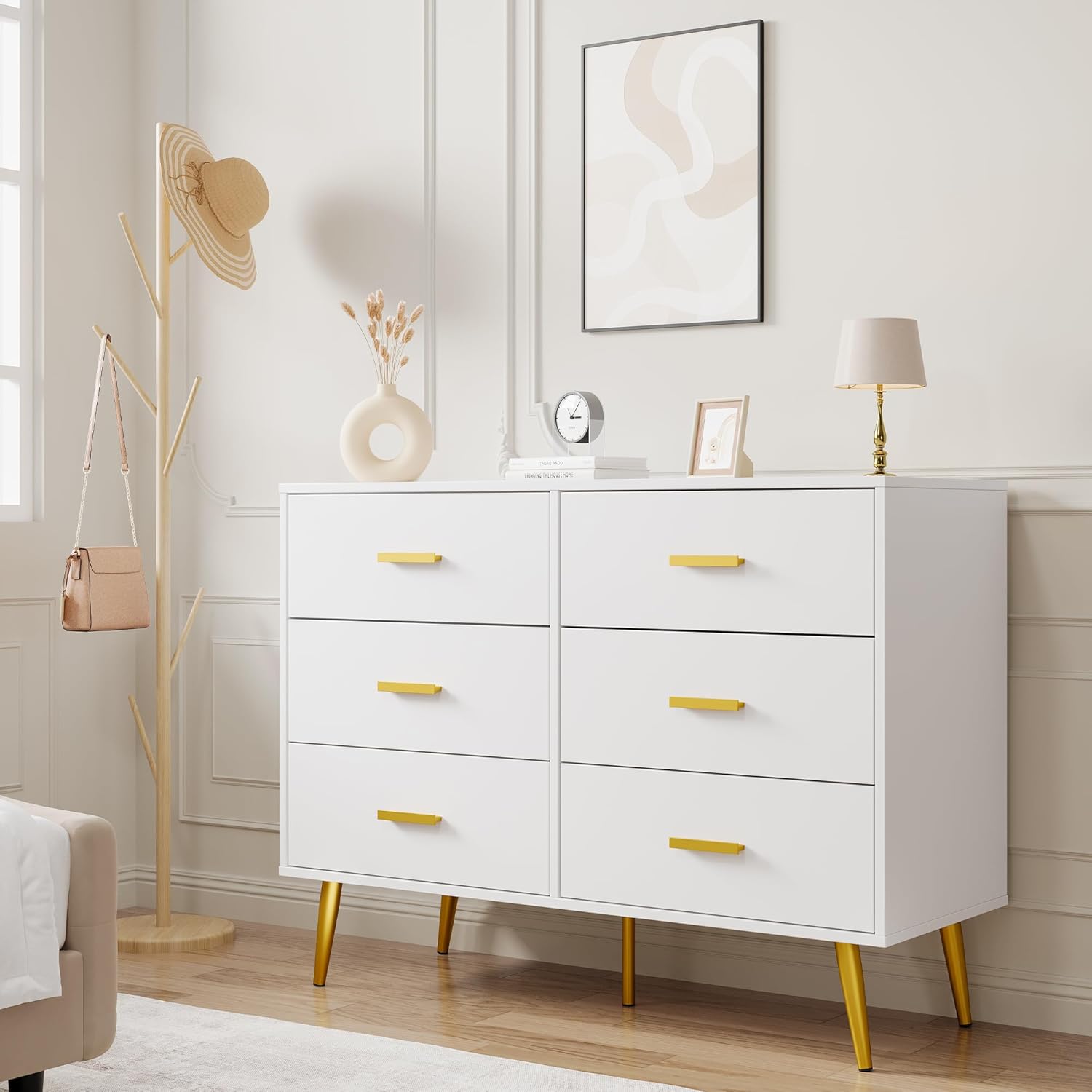 IDEALHOUSE 6 Drawer Dresser, Modern Wooden Chest of Drawers with Gold Handles, Deep Drawers for Bedroom, Living Room and Entryway, White