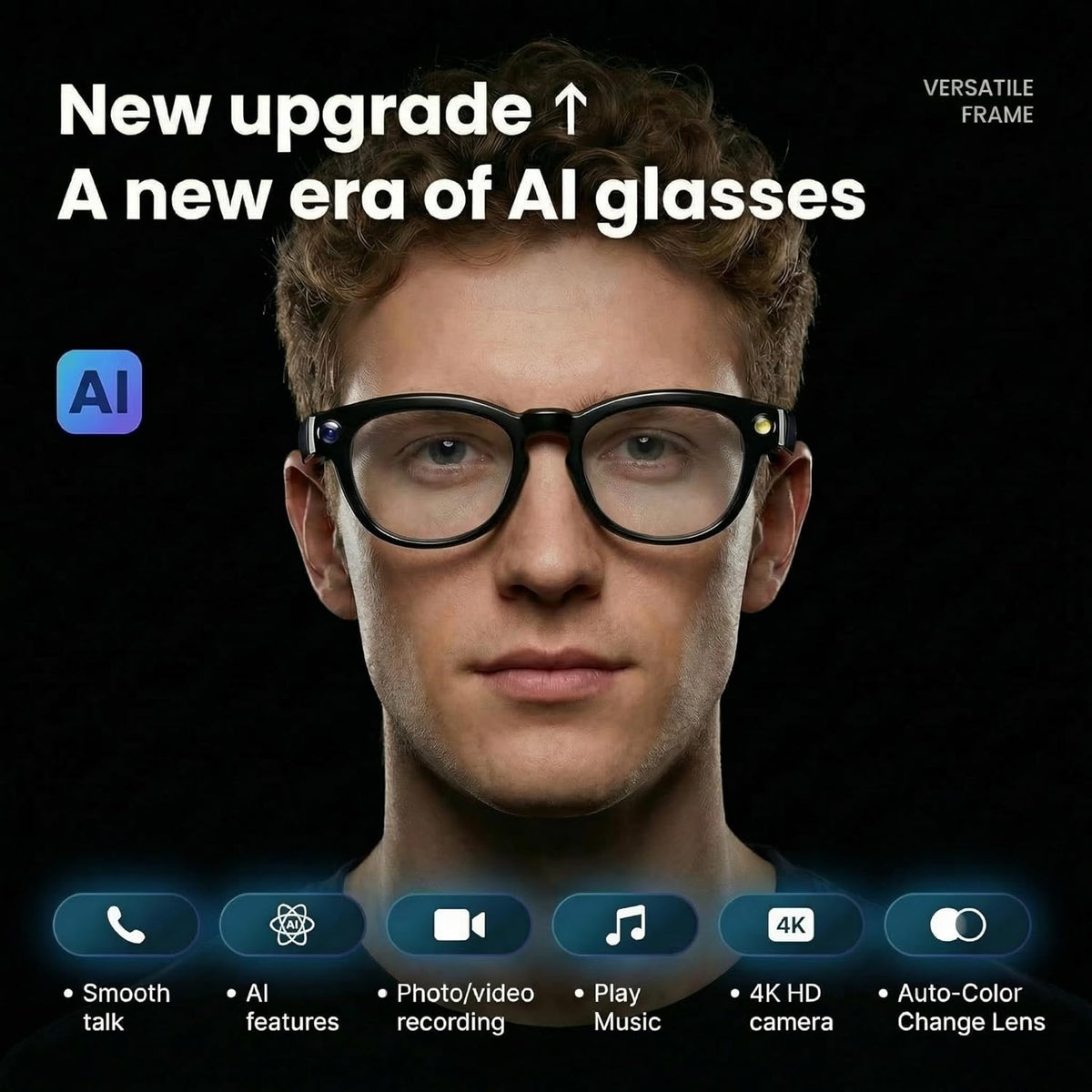 AI Smart Glasses with 8MP Camera, 1080P Video Recording Sunglasses with Audio, Real-Time Translation & Object Recognition, Bluetooth Smart Eyewear withVoice Assistant (Black)