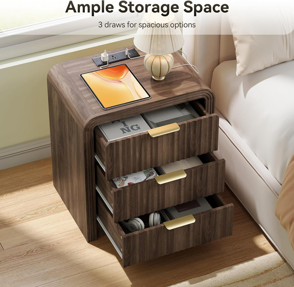 Decofy Fluted Nightstand with Charging Station, Modern Bedroom Side Table with Gold Handles, Curved Profile Design, End Table Wood Organizer for Bedroom, 19.7" & 3 Drawers (2 Pack, Walnut)