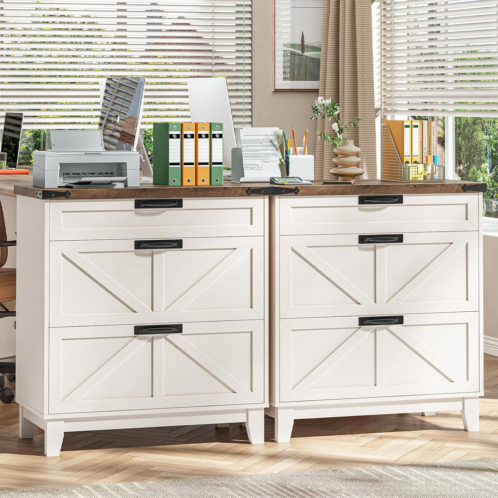 Vabches Lateral File Cabinet with 3 Drawers, Farmhouse File Cabinet for Legal/Letter/A4 Size Hanging Files, Large Wood Printer Stand Home Office, Rustic White