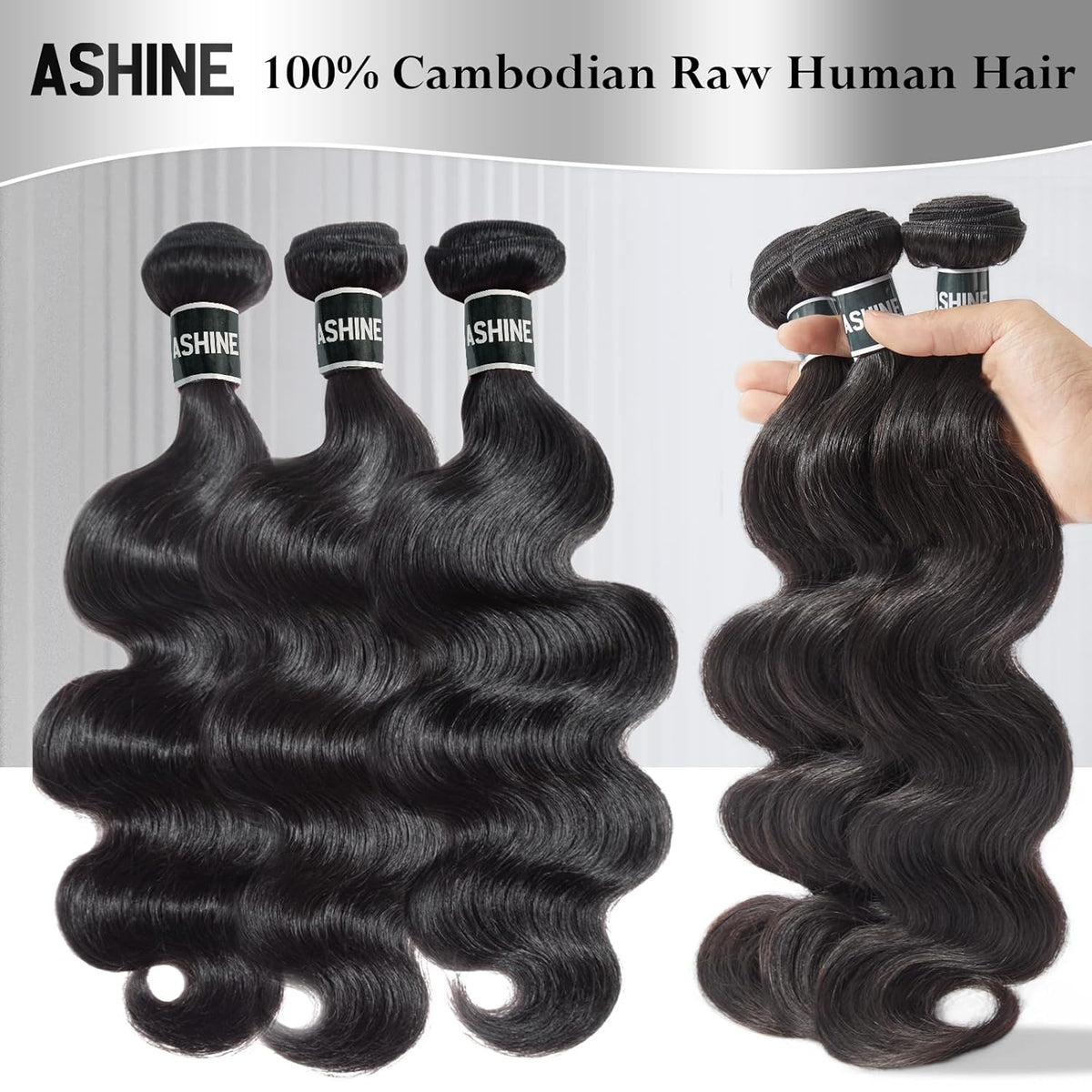 ASHINE Human Hair Bundles Body Wave, Unprocessed Cambodian Raw Hair Bundles for Women Natural Black 16 18 20 Inch, Keep Soft and Silky After Multiple Washes