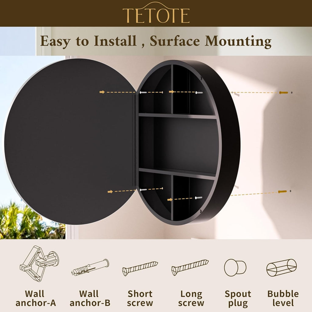 TETOTE Bathroom Mirror Cabinet 28 x 28 Matte Silver Gray Round Bathroom Medicine Cabinet with Mirror Adjustable Shelves Farmhouse Wall Mirror with Storage Surface Mounted