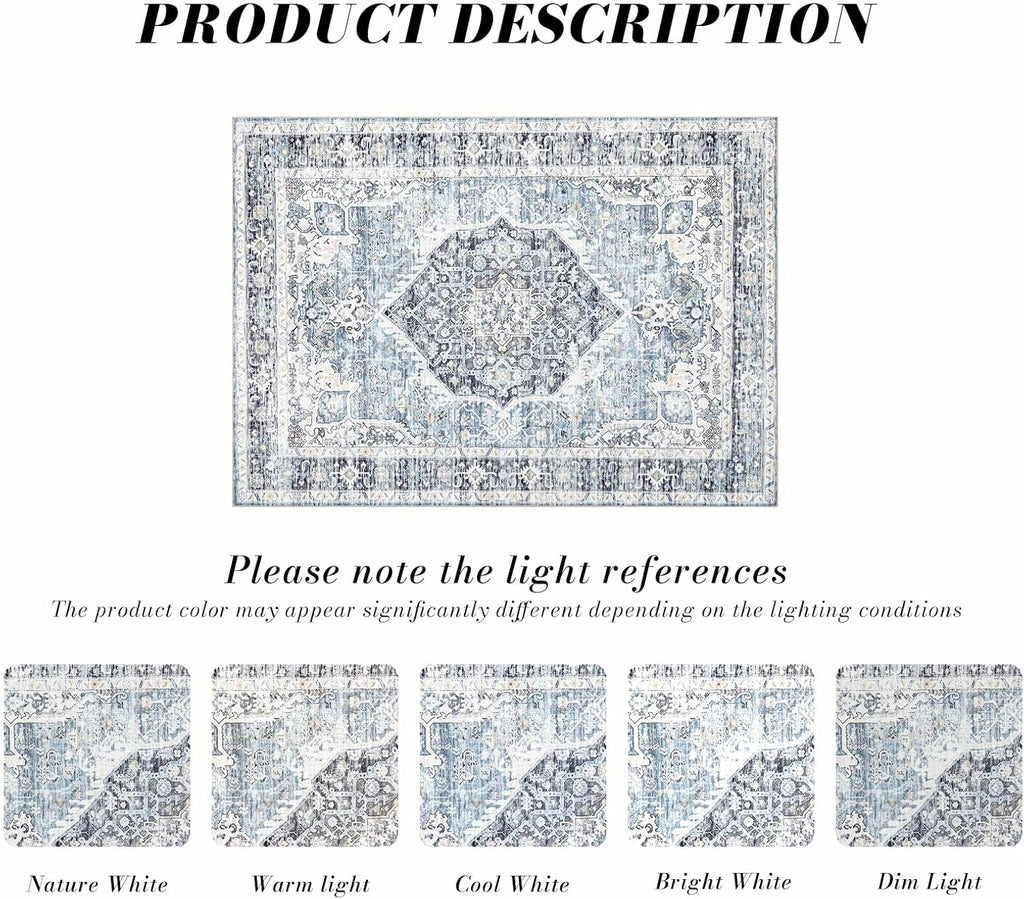 Area Rug 8×10, Large Vintage Boho Rug,Ultra-Soft Low Pile, Washable, Non Slip,Stain Resistant, Printed Carpet for Living Room Bedrooms Playroom Office Kitchen, Light Blue