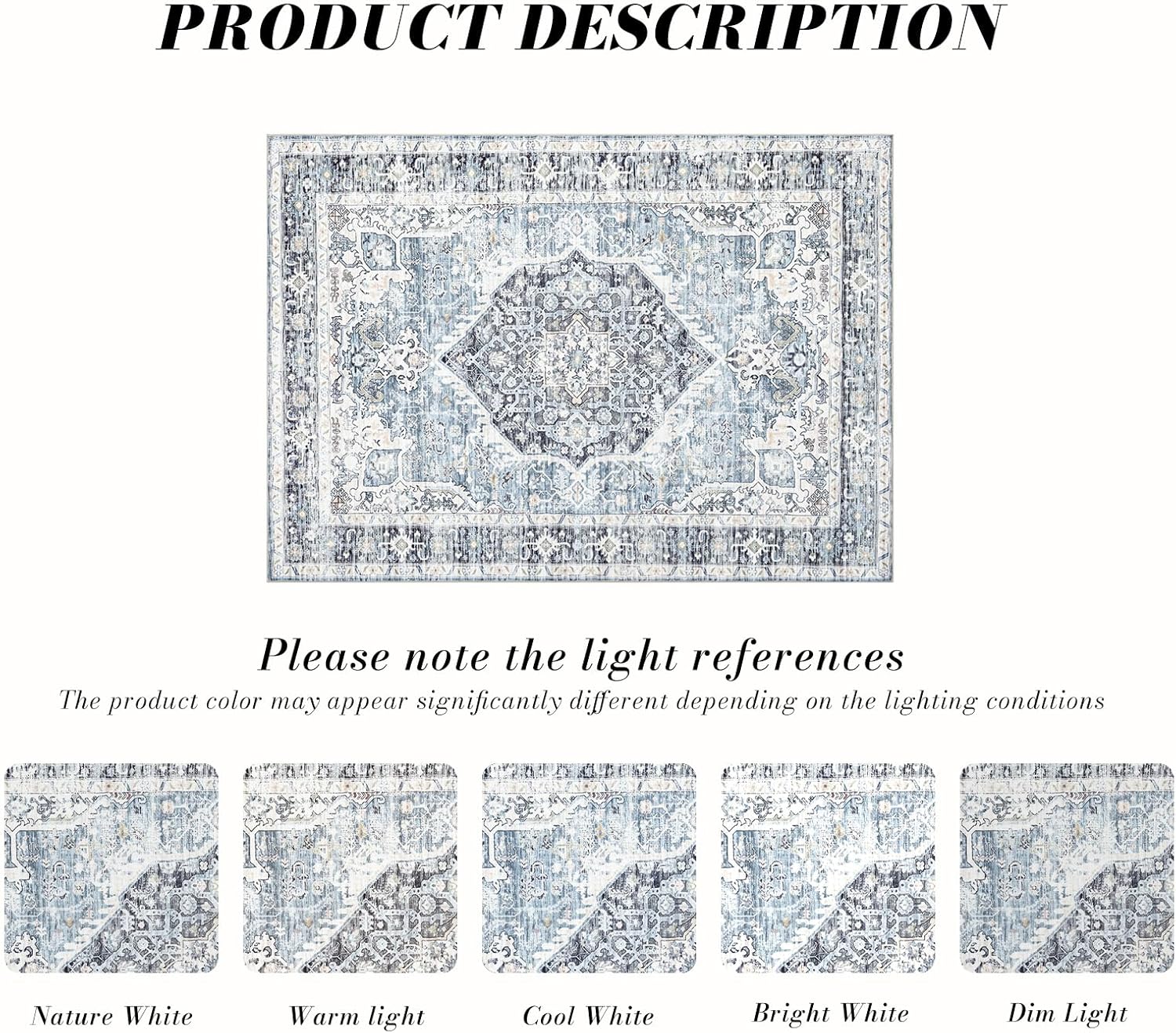 Area Rug 8×10, Large Vintage Boho Rug,Ultra-Soft Low Pile, Washable, Non Slip,Stain Resistant, Printed Carpet for Living Room Bedrooms Playroom Office Kitchen, Light Blue