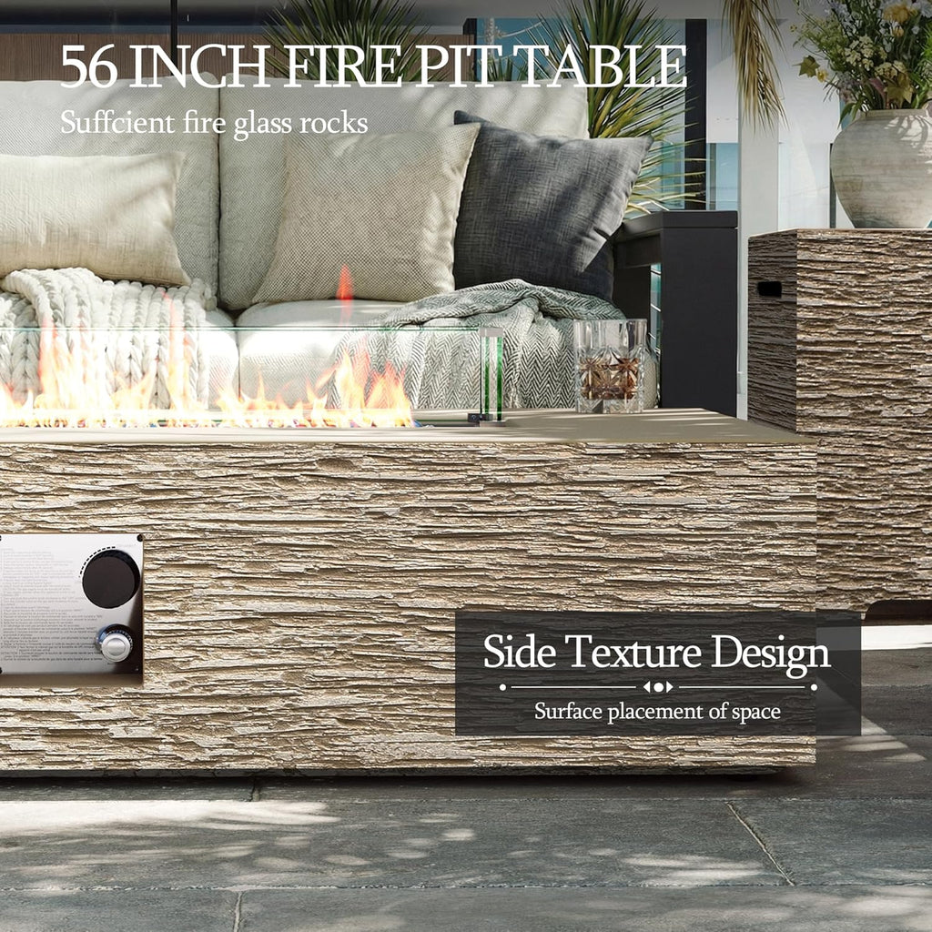 UPHA 56-inch Outdoor Propane Gas Fire Pit Table 50000 BTU Concrete Rectangle FirePit for Outside Patio with Propane Tank Cover, Wind Guad, Blue Glass Rocks, Rain Cover, Beige