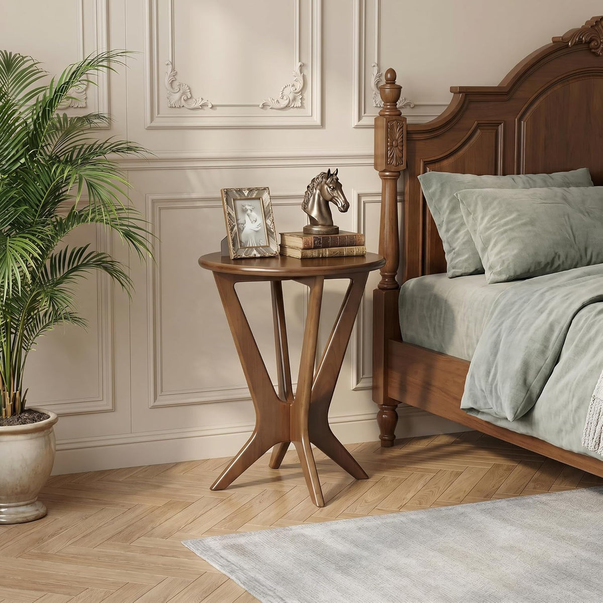 LITTLE TREE Solid Wood Round End Table, 19.7” Vintage Side Table for Small Spaces, Small Round Nightstand Bedside Table for Living Room Bedroom, Brown