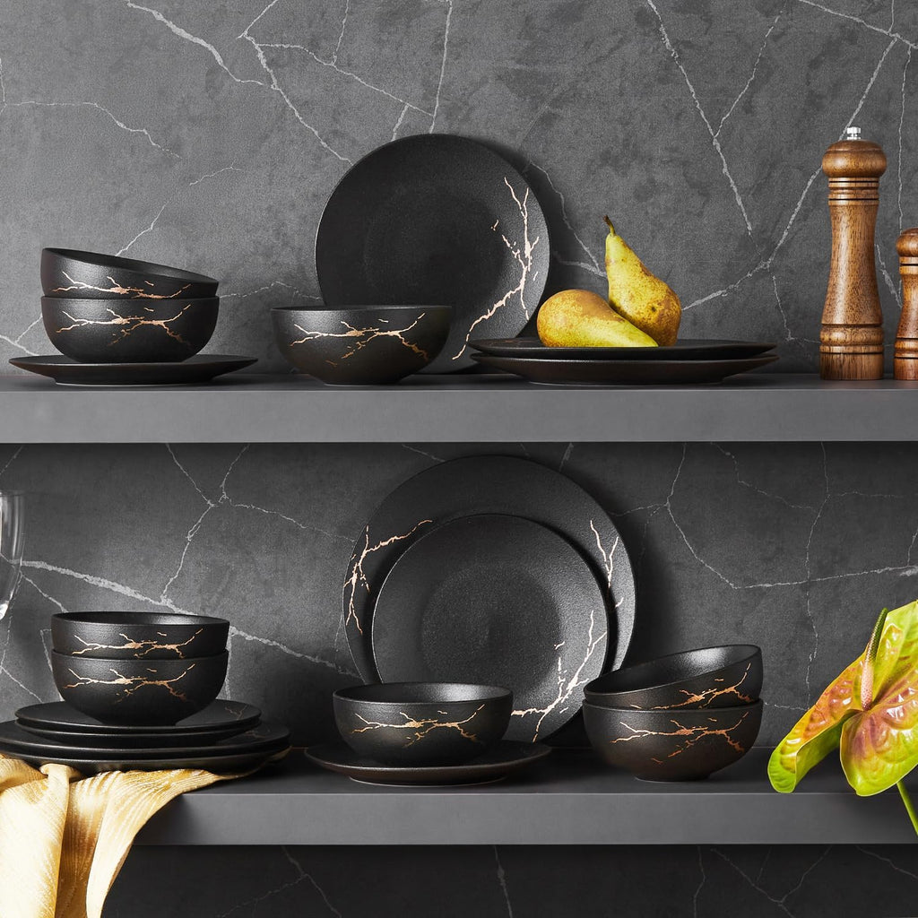 KINGSTONE Dinnerware Sets for 8, Black & Gold Plates and Bowls Sets Matte Vein Dish Set, Modern Luxury Tableware Dinner Salad Plate bowl, for Home Wedding Party Gifts (24 Piece)