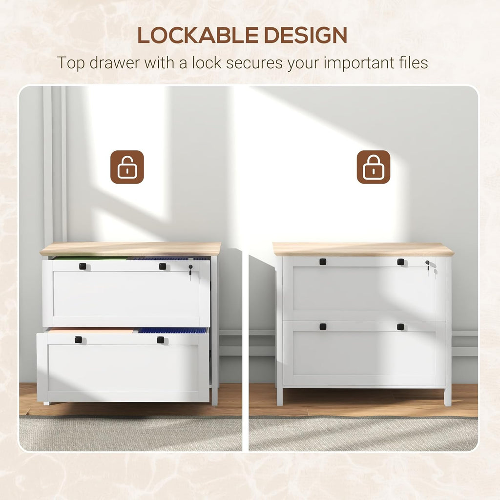 HOMCOM 2 Drawer File Cabinet with Lock, Lateral Filing Cabinet with Keys and Adjustable Hanging Bar for Letter, A4 and Legal Size for Home Office, White