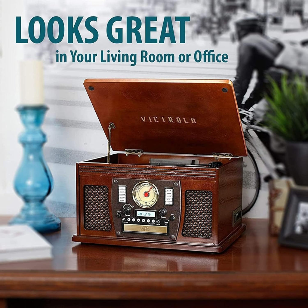 Victrola Aviator 8-in-1 Bluetooth Record Player & Multimedia Center with Built-in Stereo Speakers - 3-Speed Turntable, Vinyl to MP3 Recording, Wireless Music Streaming, Mahogany