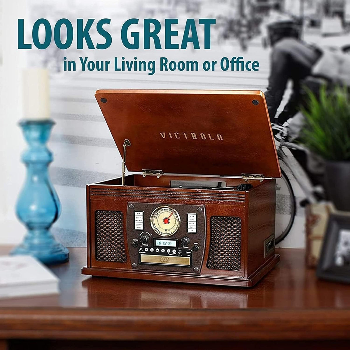 Victrola Aviator 8-in-1 Bluetooth Record Player & Multimedia Center with Built-in Stereo Speakers - 3-Speed Turntable, Vinyl to MP3 Recording, Wireless Music Streaming, Mahogany