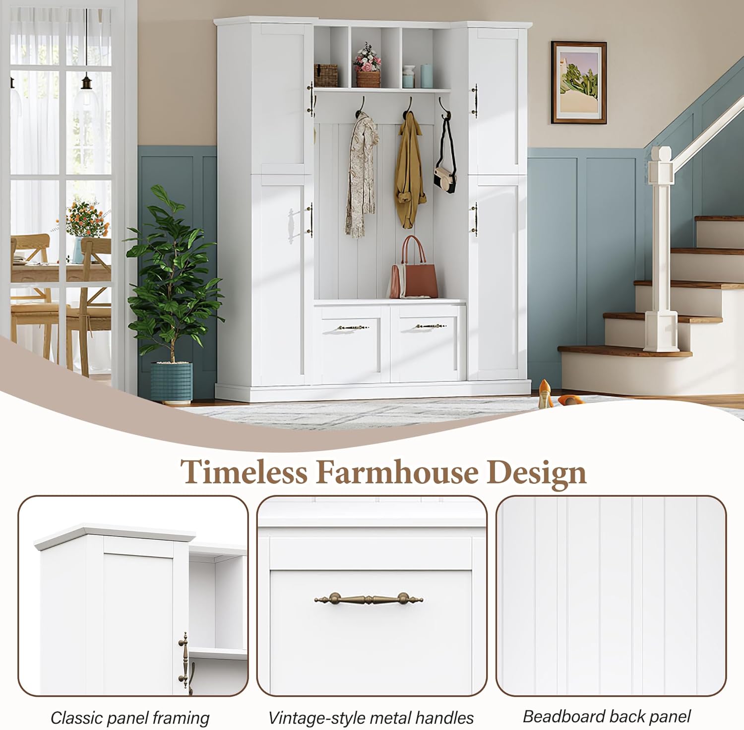 Farmhouse Elegant Hall Tree with 4 Side Cabinets, All-in-One Mudroom Furniture with Adjustable Shelves & Open Cubbies, Beadboard Entryway Bench with Coat Rack & 5 Hooks for Hallway (White-5.7)