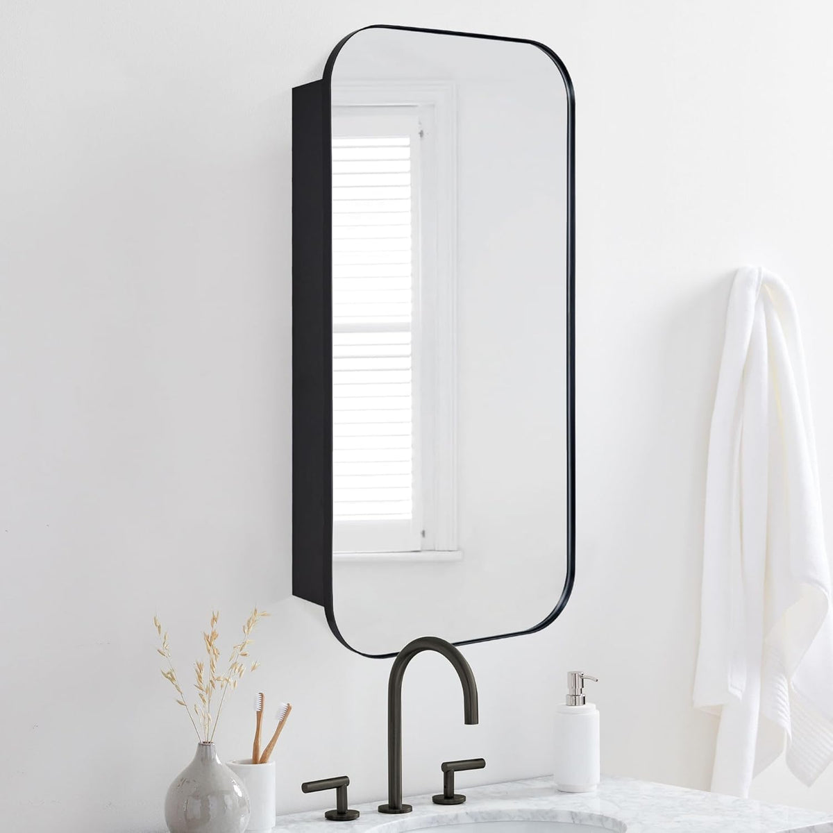 TEHOME Black Rectangle Long Bathroom Medicine Cabinet with Mirror Matt Black Recessed and Surface Mount Stainless Steel Metal Framed Rounded Rectangular Bathroom Cabinet with Mirror 20x40''