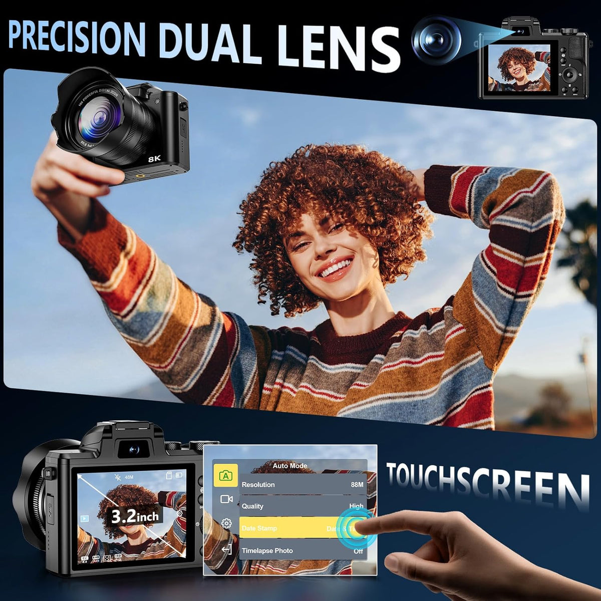 8K Digital Camera, 88MP WiFi Cameras for Photography with 3.2" Touchscreen, 16X Zoom Autofocus Professional Dual Camera, Anti-Shake, 2 Batteries, 64GB Card, Flash, Lens Hood
