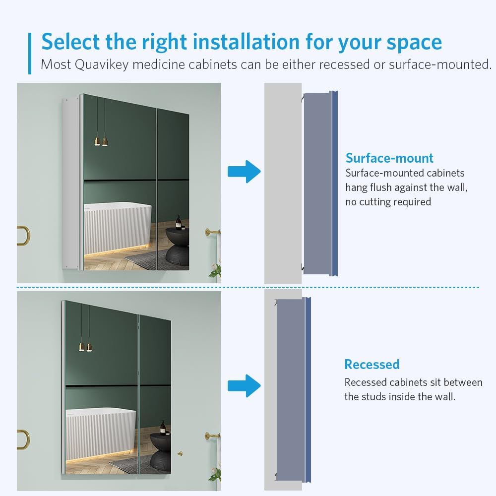 Quavikey Medicine Cabinet for Bathroom with Mirror 2 Doors Aluminum Surface Mount or Recessed Mirror Medicine Cabinet 30x30 Inch, Silver