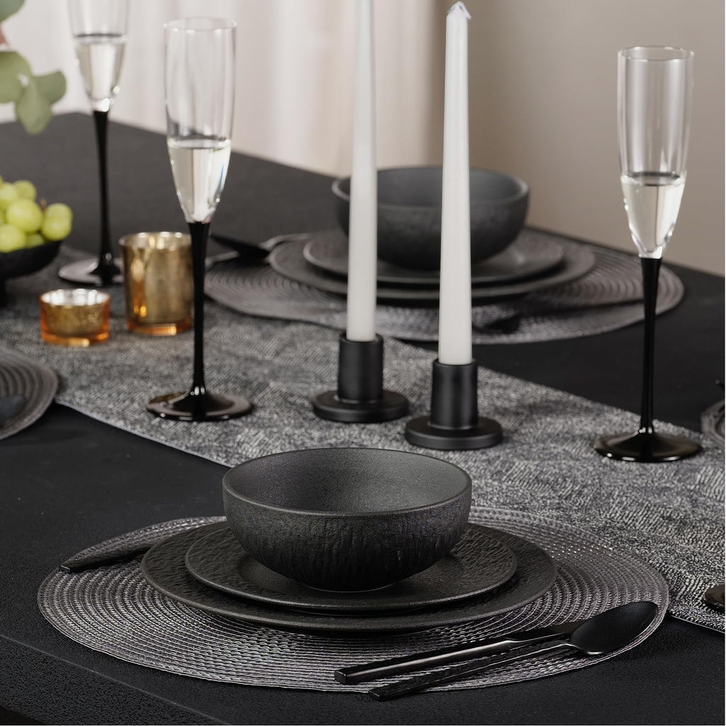 KINGSTONE Dinnerware Sets, 12-Piece Premium Porcelain dishes set, Matte Marble Pattern Plates and Bowls Sets for 4, Place Setting with Dinner Plate, Salad Plate, Pasta Bowl (Black)