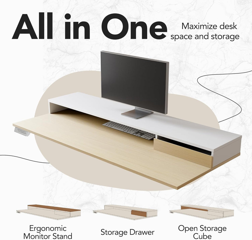 HUANUO Electric Standing Desk with File Cabinet, 47 Inch Height Adjustable Desk with Storage Drawers, Ergonomic Stand Up Table Compatible with Monitor Stand, Light Walnut