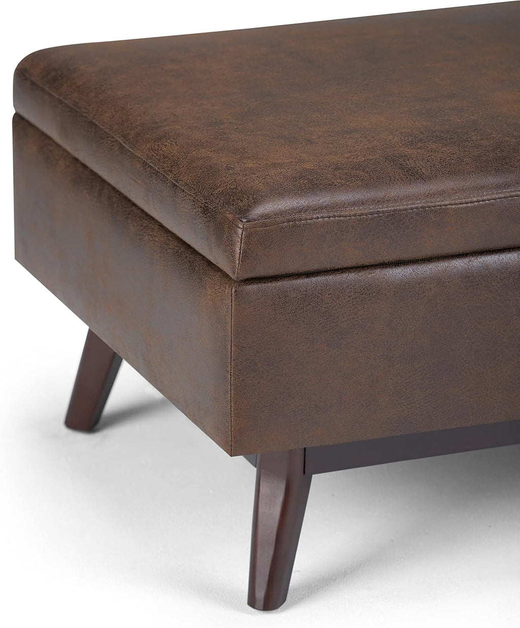 SIMPLIHOME Owen Coffee Table Storage Ottoman - 34" Wide x 19" High Upholstered Vegan Leather Rectangular Lift-Top Ottoman in Distressed Chestnut Brown, Mid-Century Modern Bench with Tapered Legs