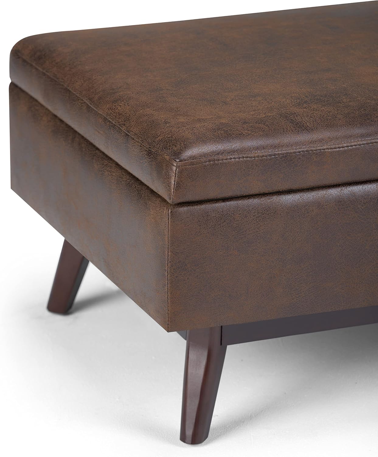 SIMPLIHOME Owen Coffee Table Storage Ottoman - 34" Wide x 19" High Upholstered Vegan Leather Rectangular Lift-Top Ottoman in Distressed Chestnut Brown, Mid-Century Modern Bench with Tapered Legs