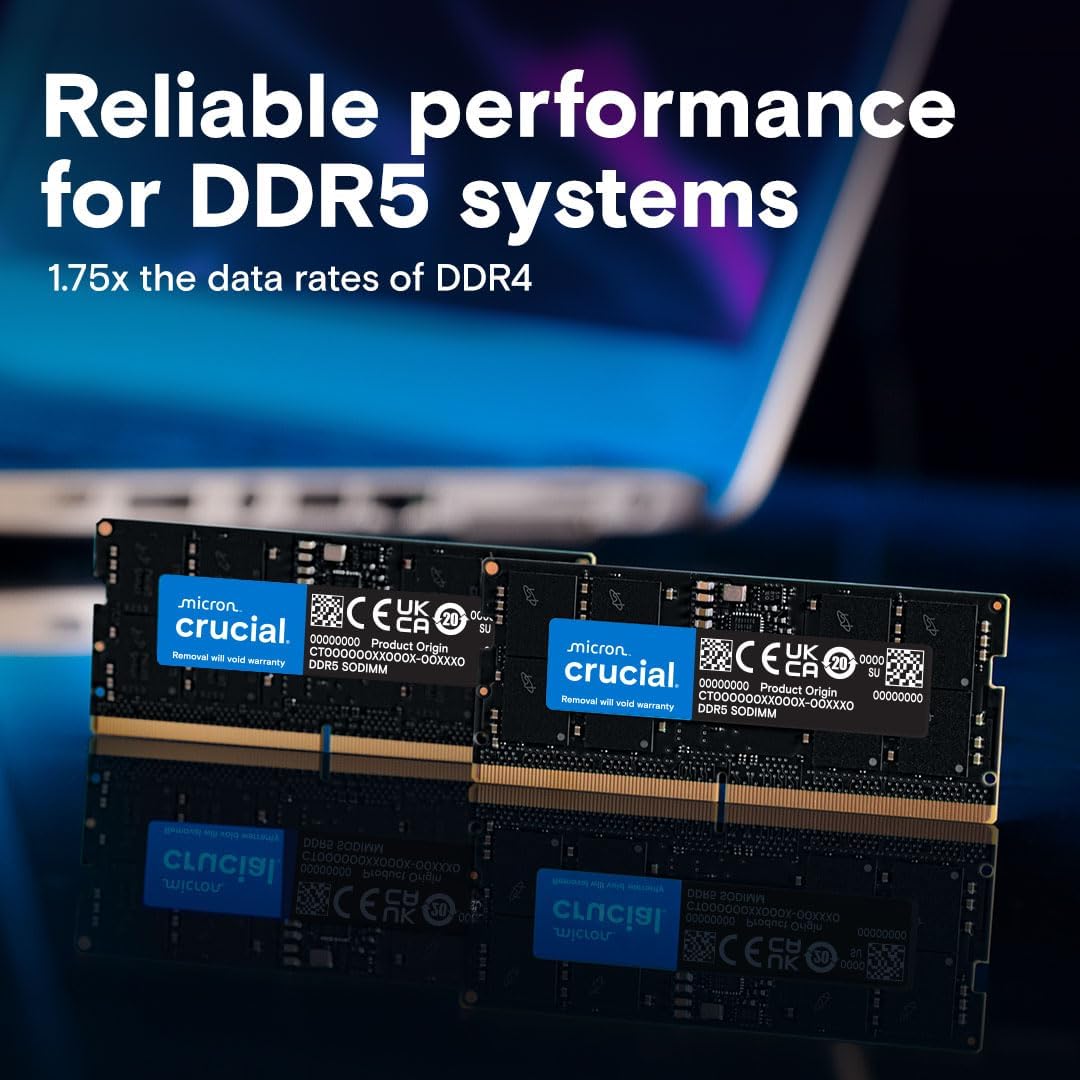 Crucial 32GB DDR5 RAM Kit (2x16GB), 5600MHz (or 5200MHz or 4800MHz) Laptop Memory 262-Pin SODIMM, Compatible with Intel Core and AMD Ryzen 7000, Black - CT2K16G56C46S5