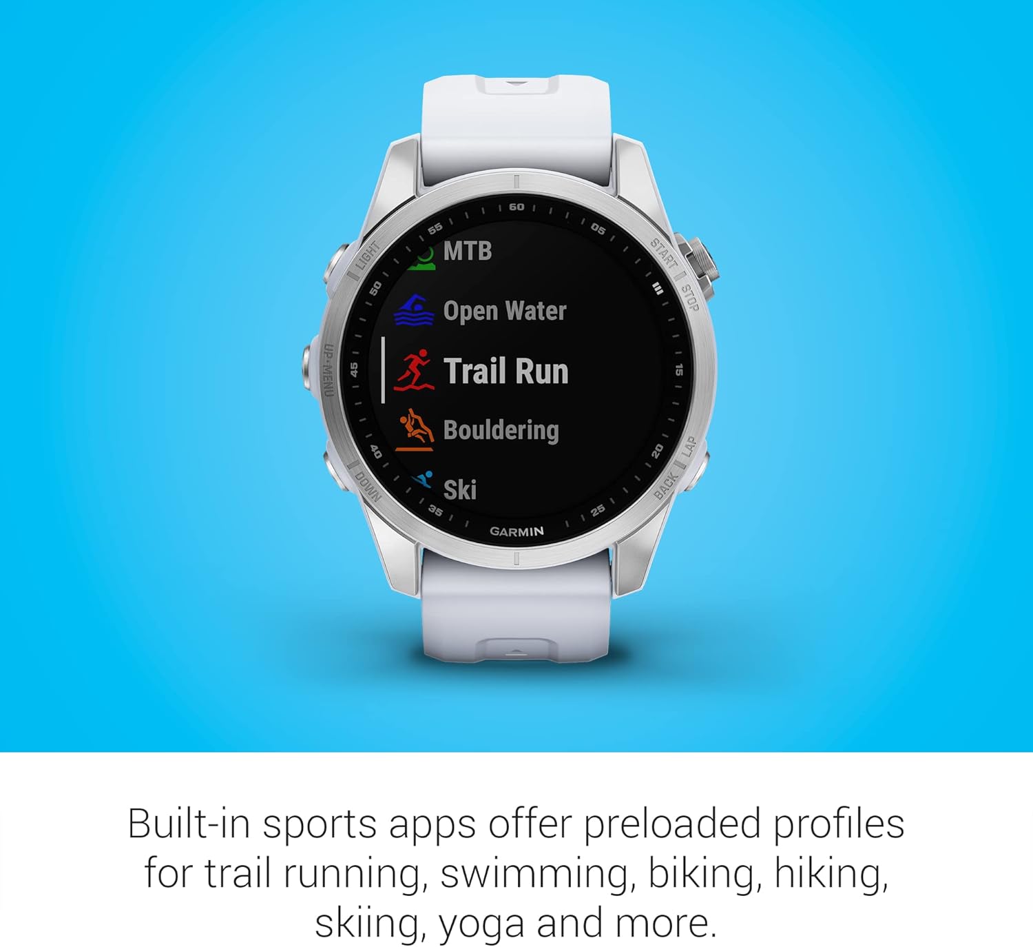 Garmin fenix 7S, Smaller sized adventure smartwatch, rugged outdoor watch with GPS, touchscreen, health and wellness features, silver with whitestone band (Renewed)
