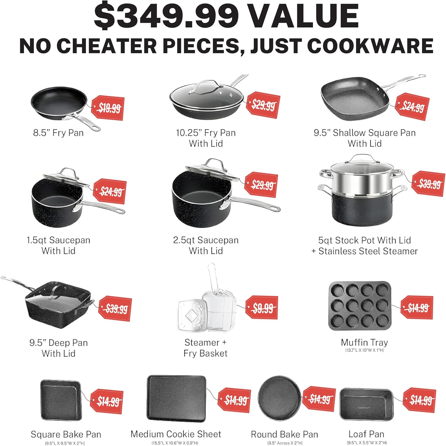 Granitestone 20 Pc Pots and Pans Set Nonstick Kitchen Cookware Set with Frying Pan, Bakeware & Steamer, Diamond Infused, Non Toxic PFOA PFOS Free, Metal Utensil Safe, Oven & Dishwasher Safe, Black
