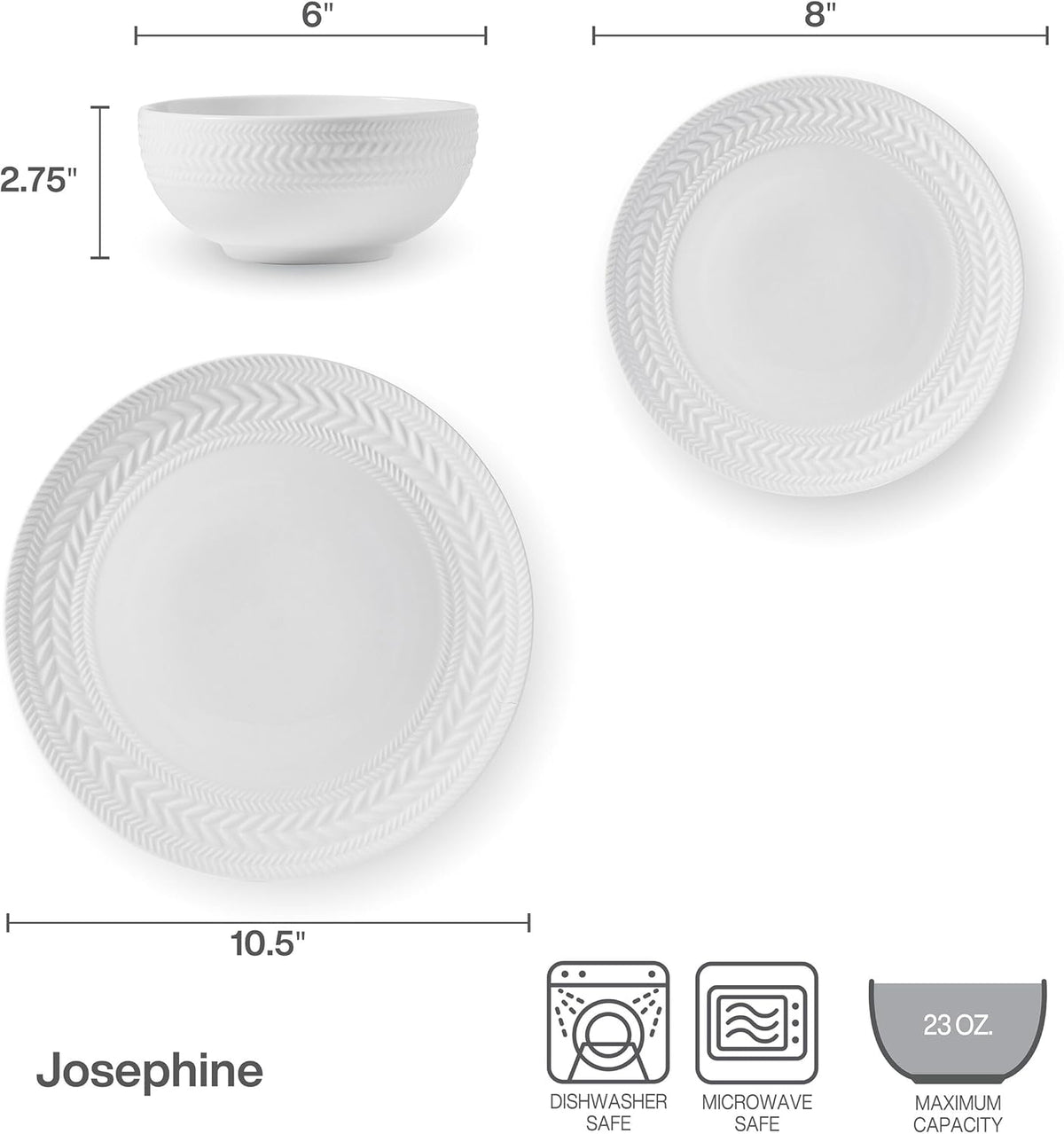 Pfaltzgraff Josephine 24-Piece Dinnerware Set, Porcelain Dish Set with Embossed Basket Weave Design, Service for 8, White Plates and Bowls Sets, Microwave and Dishwasher Safe