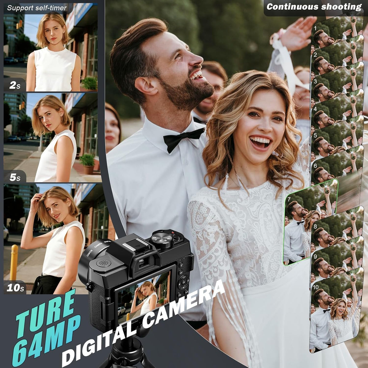 8K Digital Cameras for Photography 64MP - 16X Zoom Autofocus, WiFi, 180° Flip Screen with Wide-Angle & Macro Lens, Vlogging Camera for YouTube Travel with 64GB TF Card, 2 Batteries & Mic (Black)