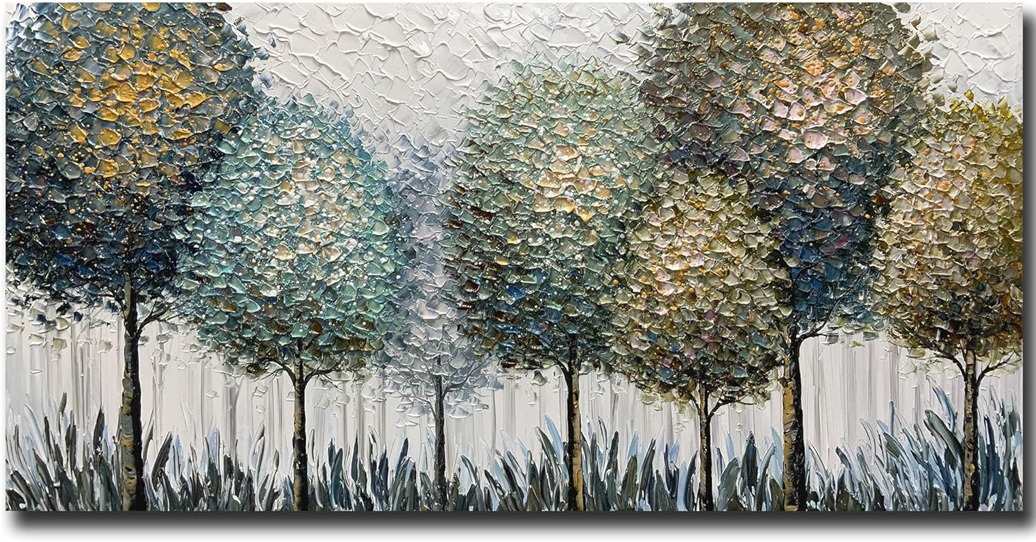V-inspire Art,24x48 Inch Impressionist Hand Drawn Landscape Oil Paintings Abstract Textured Tree artwork Canvas Wall Art Painting Home Decorations Painting Ready to Hang