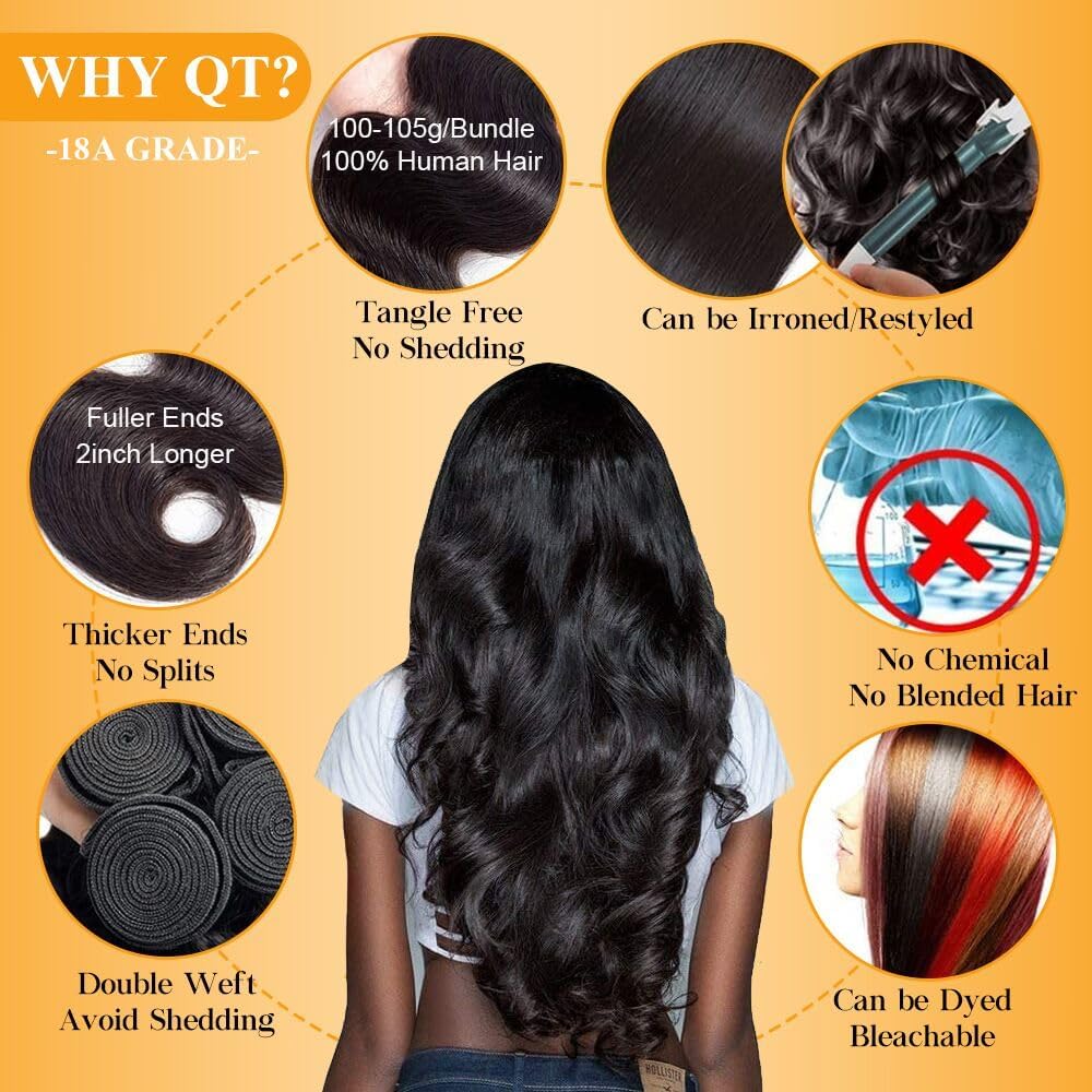 QTHAIR Brazilian Virgin Hair 18A Grade Body Wave Bundles 100% Unprocessed Virgin Brazilian Body Wavy Human Hair Bundles 20" 18" 16" 300g Brazilian Body Wave Human Hair Extensions