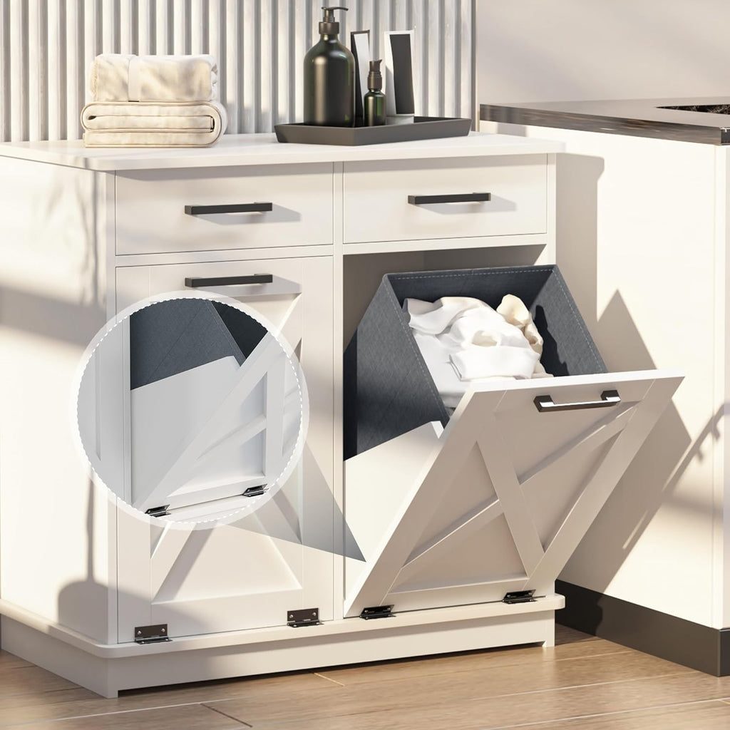 White Double Tilt Out Laundry Hamper Cabinet Laundry Basket Cabinet Hidden Laundry Hamper with 2 Drawers & 2 Baskets for Bathroom,30x30x16in（Barn Door Panel）