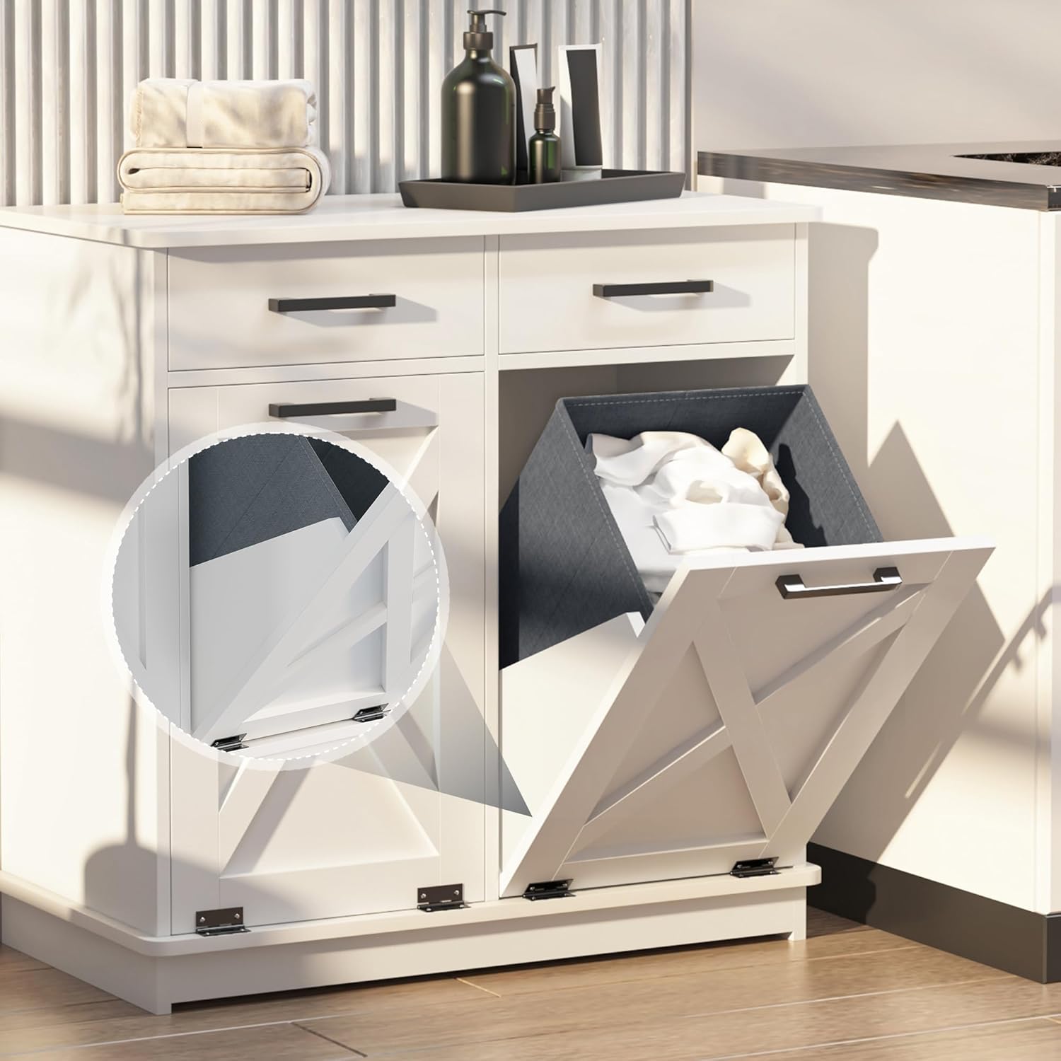White Double Tilt Out Laundry Hamper Cabinet Laundry Basket Cabinet Hidden Laundry Hamper with 2 Drawers & 2 Baskets for Bathroom,30x30x16in（Barn Door Panel）